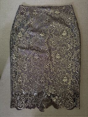 Elegant Taupe and Gold Lace Pencil Skirt